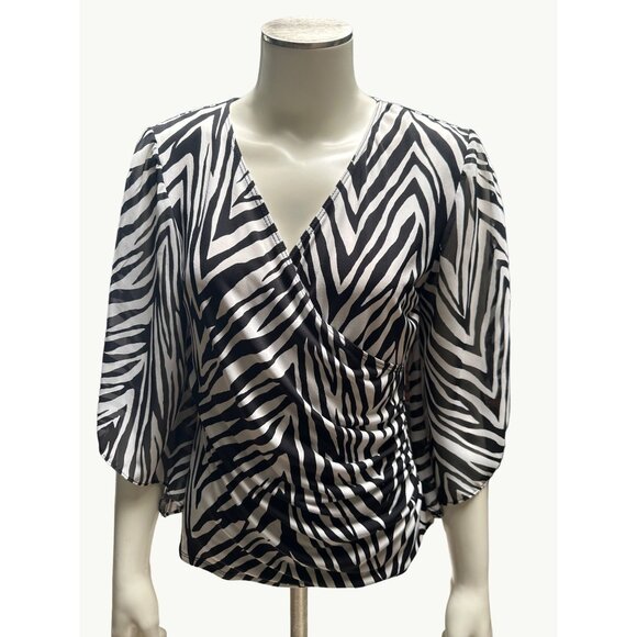 Coco Bianco Zebra Print Wrap Top With 3/4 Bell Sleeves Size M - Picture 1 of 7